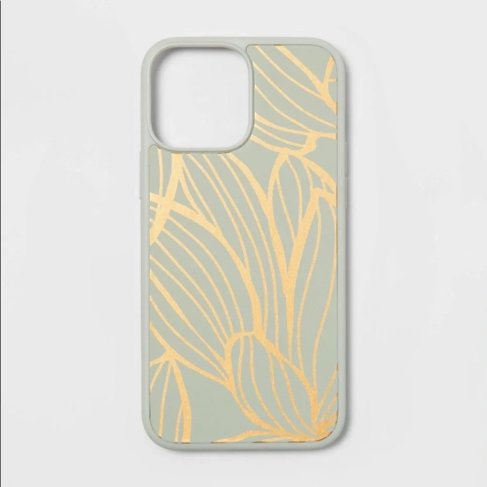 Heyday iPhone 13 phone case sage botanical green gold glitter screen protector